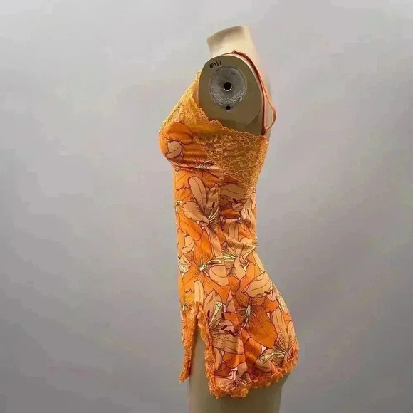 Slip Dress Size S Orange Floral Lace Y2K Fairy Sexy Mini Side Slit Mesh Sheer - Picture 3 of 9